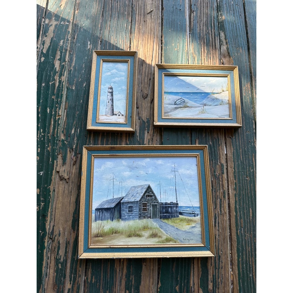 Ruth Niermeyer Vintage Coastal Oil Paintings Set of 3 Lighthouse Beach Nautical